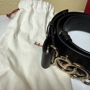 Salvatore Ferragamo Black Leather Belt with Gold Chain-Link Buckle